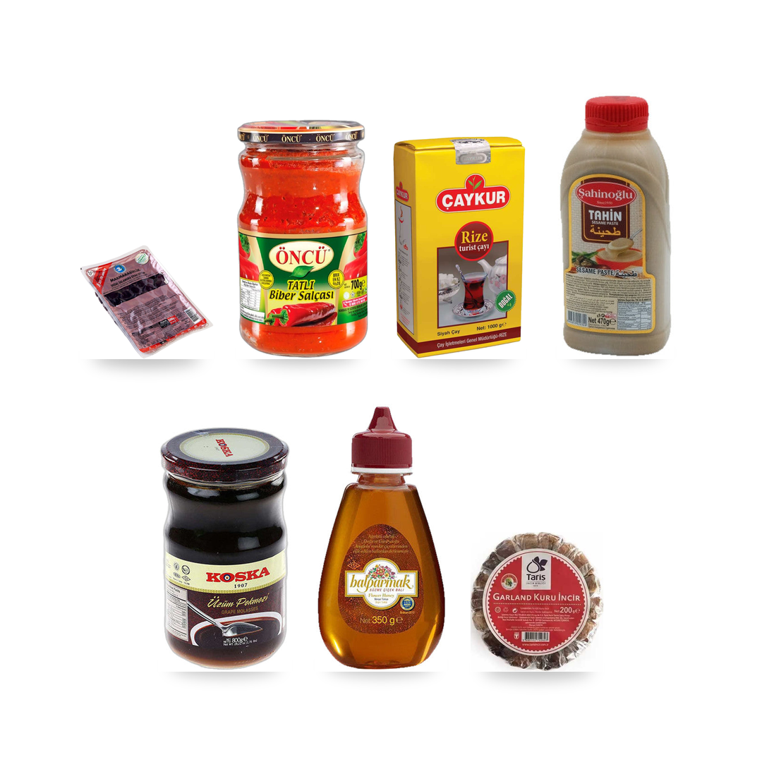 Kahvaltı Box contents grid: MB Gemlik Black Olives M Super 500gr Vacuum, Öncü Mild Pepper Paste 700 g, Çaykur Rize Tea 1000g, Sahinoglu Tahini 470 g, KOSKA Grape Molasses 800g, BALPARMAK Anatolian Blossom Honey 350g, Tariş Garland Dried Figs 200 g
