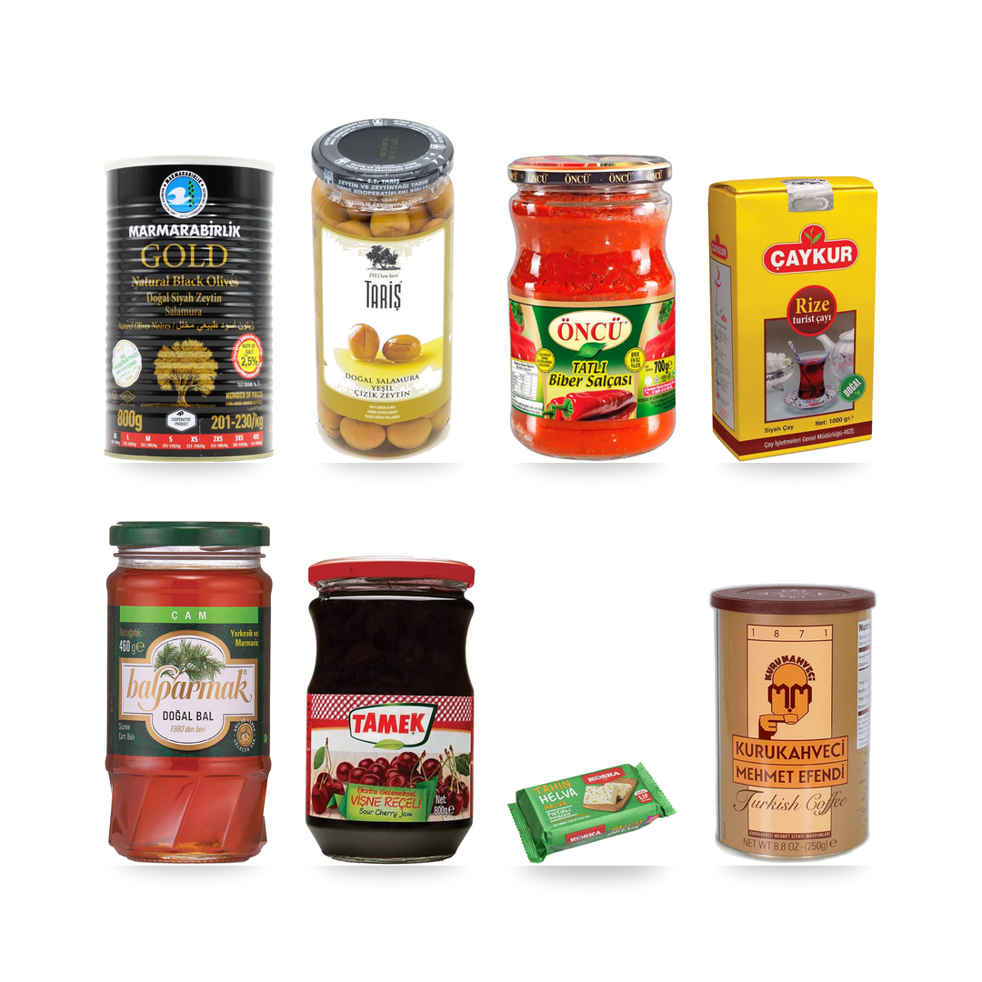 Kahvaltı Deluxe Box contents grid: Marmarabirlik Gemlik Black Olives Gold XL 2.5% Salt 800 g Can, Tariş Scratched Green Olives - Edremit Yesil Cizik Zeytin 300 g/485 g, Öncü Mild Pepper Paste 700 g, Çaykur Rize Tea 1000g, Balparmak Pine Honey 460 g Glass, Tamek Sour Cherry Jam Jar 800 g, Koska Tahin Helvasi w/Pistachios (Tahini Halva) 200 g, Mehmet Efendi Turkish Coffee 250gr