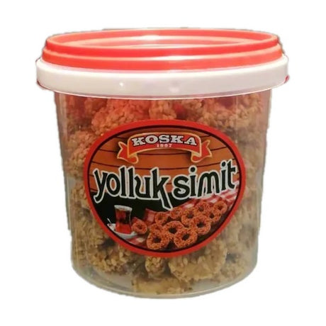 Koska Yolluk Simit mini sesame rings in a plastic bucket
