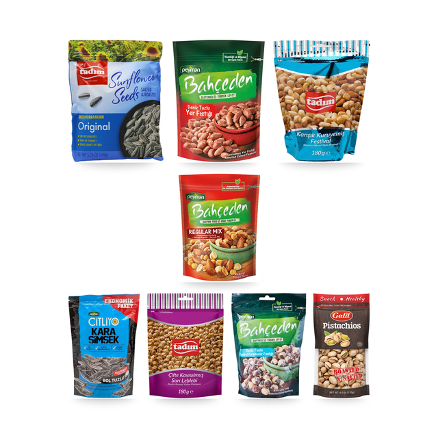 Kuruyemiş & Çerez Box, 8 packs: Peyman Çıtlıyo black sunflower seeds, Tadım sunflower seeds, Tadım roasted chickpeas, Peyman Bahçeden mixed nuts, hazelnuts and peanuts, Tadım mixed nuts festival, Galil roasted salted pistachios