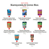 What's inside the Kuruyemiş & Çerez Box: 1 Peyman Çıtlıyo Kara Şimşek Sunflower Seeds 280 g, 2 Tadım Roasted Salted Sunflower Seeds 149 g, 3 Tadım Roasted Chickpeas (Sarı Leblebi) 180 g, 4 Peyman Bahçeden Regular Mixed Nuts 150 g, 5 Peyman Bahçeden Roasted Salted Hazelnuts 130 g, 6 Peyman Bahçeden Roasted Salted Peanuts 175 g, 7 Tadım Mixed Nuts Festival 180 g, 8 Galil Roasted Salted Pistachios 6 oz