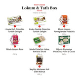 What's inside the Lokum & Tatlı Box: 1 Koska Rich Pistachio Turkish Delight 500 g, 2 Koska Double Pistachio Turkish Delight 125 g, 3 Moda Loqum Pomegranate Pistachio 250 g, 4 Moda Loqum Rose 250 g, 5 Moda Pistachio Halva, Baklava Sliced 454 g, 6 Uğurlu Pişmaniye Pistachio, Plain & Cocoa 240 g, 7 Keyifçe Molasses Roll with Walnut 400 g