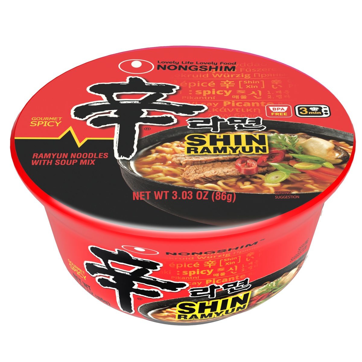 Nongshim Shin Bowl Noodle Soup, Gourmet Spicy, bowl front