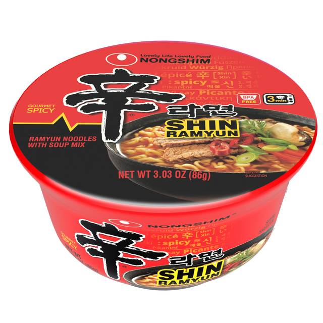 Nongshim Shin Bowl Noodle Soup, Gourmet Spicy, bowl front