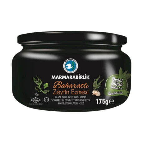 Marmarabirlik Baharatlı Zeytin Ezmesi black olive paste with spices, 175 g black glass jar
