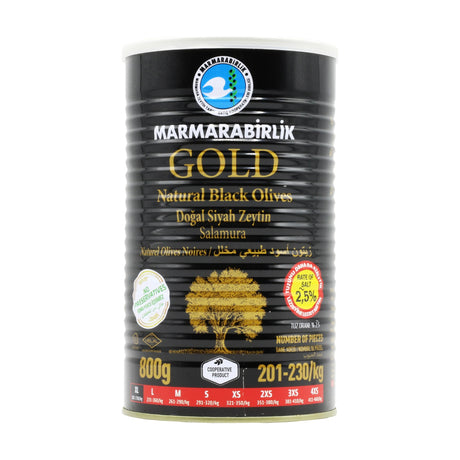 Marmarabirlik Gold natural black olives, XL 201-230 per kg, 2.5% salt, 800 g tin