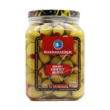 Marmarabirlik green olives stuffed with red pepper, 4XL 141-160 per kg, 850 g jar
