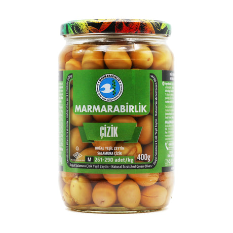 Marmarabirlik Cizik scratched green olives, M 261-290 per kg, 400 g jar