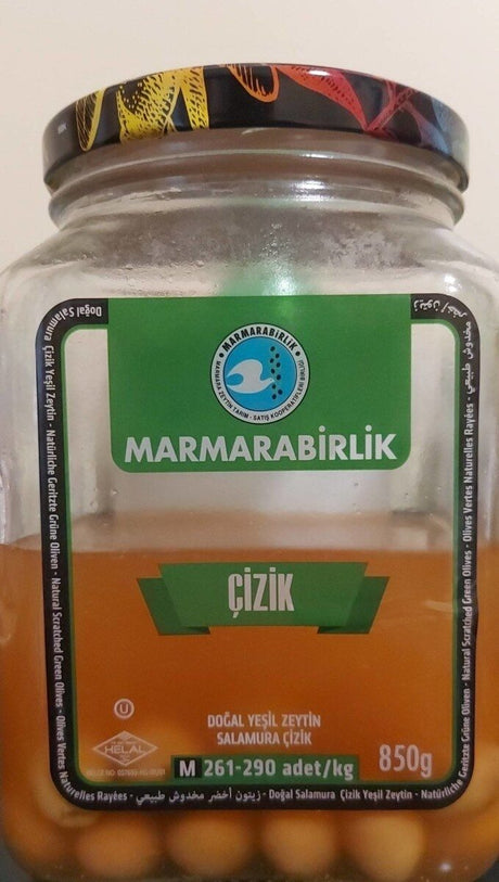 Marmarabirlik Natural Green Olives, Scratched (Çizik), Size M 261-290 count/kg, 850 g jar