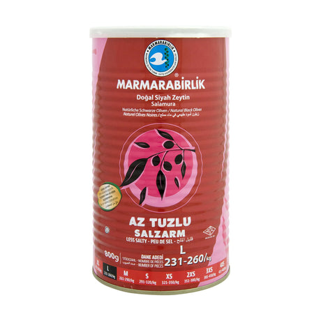 Marmarabirlik Hiper Az Tuzlu (less salty) natural black olives, L 231-260 per kg, 800 g tin
