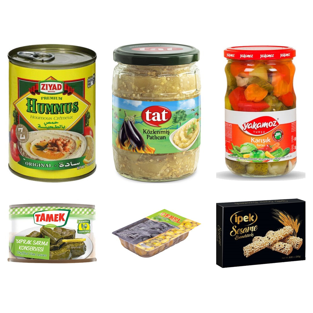 Meze Box: Ziyad hummus, Tat eggplant salad, Yakamoz pickles, Tamek grape leaves, Cebel olives and Ipek breadsticks