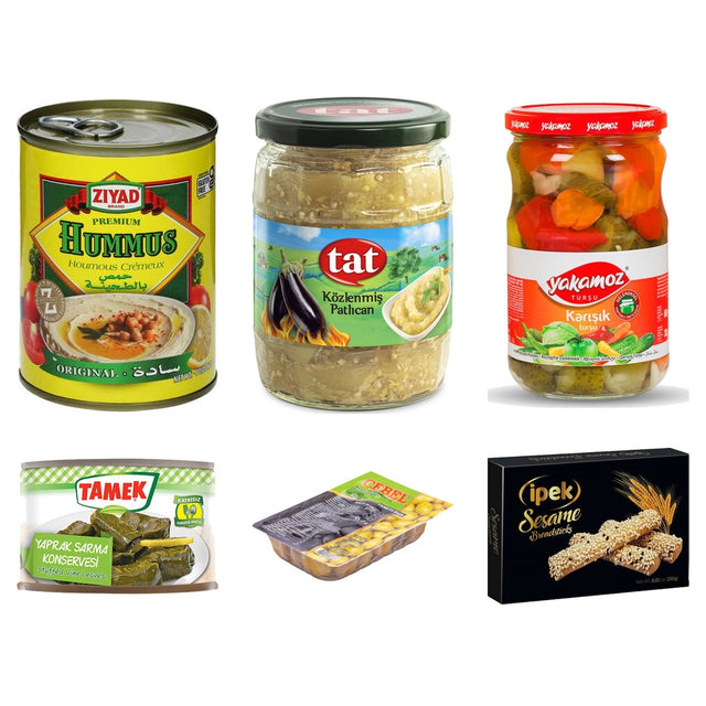 Meze Box: Ziyad hummus, Tat eggplant salad, Yakamoz pickles, Tamek grape leaves, Cebel olives and Ipek breadsticks