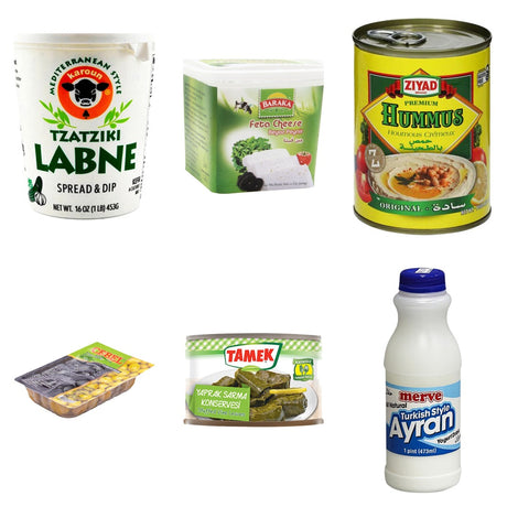 Meze Dairy Box: Labneh, Feta, Hummus, Olives and Grape Leaves: Karoun Tzatziki Labne 454 g, Baraka Feta Cheese 500 g, Ziyad Hummus, Premium 14 oz, Cebel Pickled Green Olives 200 g, Tamek Stuffed Grape Leaves 400 g, Merve Turkish Style Yogurt Drink 473 ml