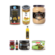 Meze Night Box contents, arranged: MB Extra Virgin Olive Oil 1lt, Marmarabirlik Gemlik Black Olives Gold XL 2.5% Salt 800 g Can, Tariş Scratched Green Olives - Edremit Yesil Cizik Zeytin 300 g/485 g, A.Tatlici Tahini Sesam Paste 700 g, Oncu Pepper Paste Hot 700 gr, Oncu Pomegranate Sauce 700gr, Marmarabirlik Black Olive Paste 340 g, Tamek Stuffed Grape Leaves 400 g