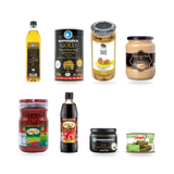 Meze Night Box contents grid: MB Extra Virgin Olive Oil 1lt, Marmarabirlik Gemlik Black Olives Gold XL 2.5% Salt 800 g Can, Tariş Scratched Green Olives - Edremit Yesil Cizik Zeytin 300 g/485 g, A.Tatlici Tahini Sesam Paste 700 g, Oncu Pepper Paste Hot 700 gr, Oncu Pomegranate Sauce 700gr, Marmarabirlik Black Olive Paste 340 g, Tamek Stuffed Grape Leaves 400 g