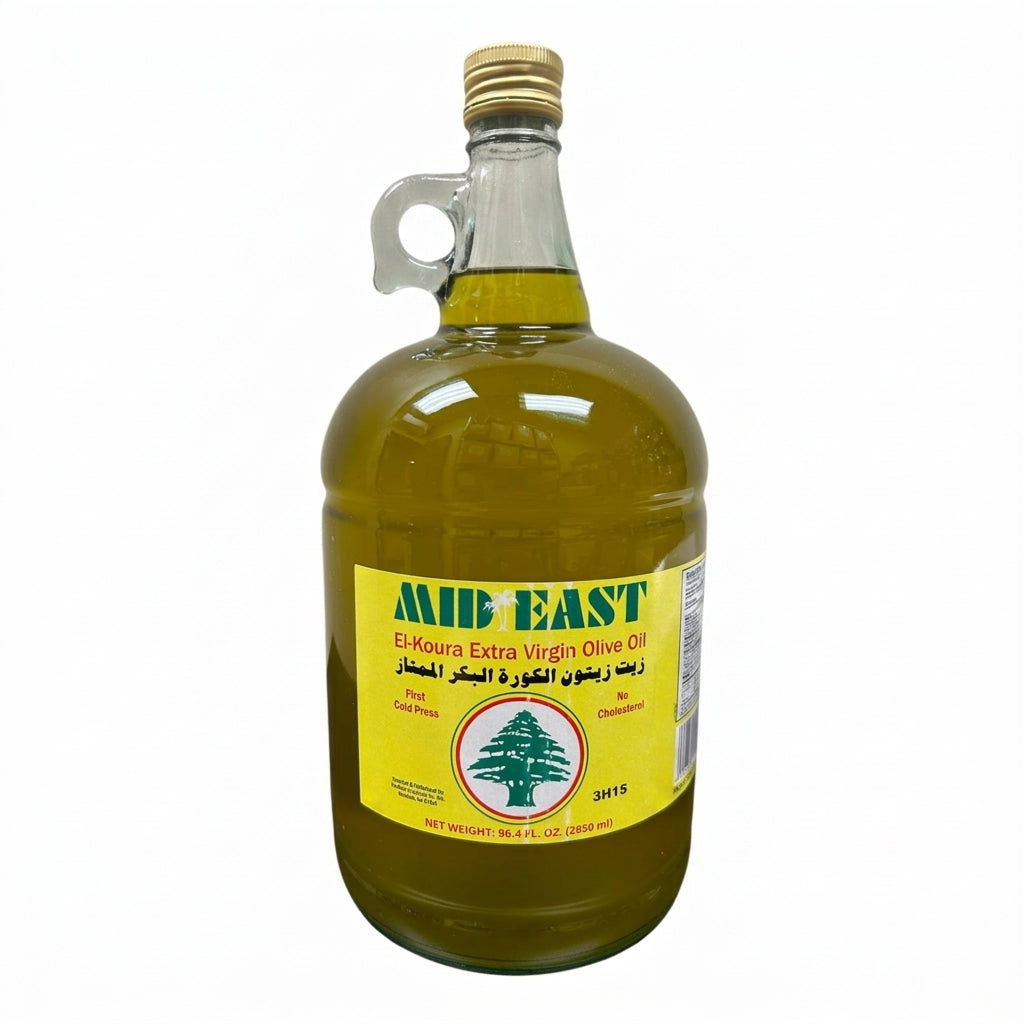 Mid East El-Koura Extra Virgin Olive Oil, 96.4 fl oz (2850 ml) glass jug - front of pack