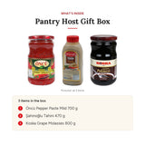 What's inside the Pantry Host Gift Box: Oncu mild pepper paste 700 g, Sahinoglu tahini 470 g and Koska grape molasses 800 g