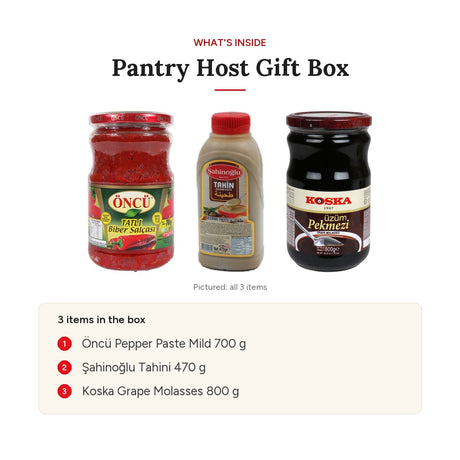 What's inside the Pantry Host Gift Box: Oncu mild pepper paste 700 g, Sahinoglu tahini 470 g and Koska grape molasses 800 g