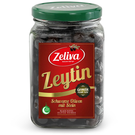 Zeliva Zeytin Gemlik Siyah Sele black olives, glass jar with green lid