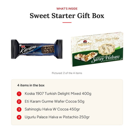 What's inside the Sweet Starter Gift Box: Koska 1907 Turkish Delight Mixed 400 g, Eti Karam Gurme cocoa wafer 50 g, Şahinoğlu cocoa halva 450 g and Uğurlu pistachio palace halva 250 g. Eti Karam and Uğurlu packs pictured.