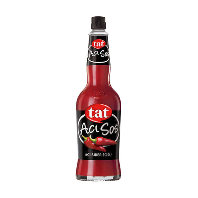 Tat Hot Pepper Sauce (Acı Biber Sosu) glass bottle, black Acı Sos label with red chili peppers