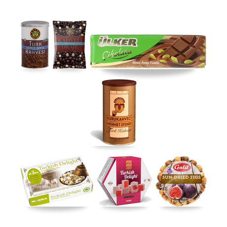 Türk Kahvesi Box, 7 items: Mehmet Efendi Turkish coffee 500 g, Kahve Dünyası mastic Turkish coffee, Koska double pistachio lokum, Moda rose lokum, Kahve Dünyası coffee bean dragee, Ülker pistachio chocolate, Galil sun-dried figs