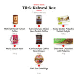 What's inside the Türk Kahvesi Box: 1 Mehmet Efendi Turkish Coffee 500 g, 2 Kahve Dünyası Mastic Gum Turkish Coffee 250 g, 3 Koska Double Pistachio Turkish Delight 125 g, 4 Moda Loqum Rose 250 g, 5 Kahve Dünyası Coffee Bean Dragee 120 g, 6 Ülker Milk Chocolate with Pistachio 30 g, 7 Galil Sun-Dried Figs 8 oz
