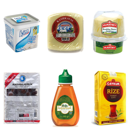 Turkish Breakfast Dairy Box: Cheese, Butter, Olives, Honey and Tea: İçim White Cheese 500 g, Merve Bulgarian Kashkaval 200 g, Muratbey Breakfast Butter 250 g, Marmarabirlik Gemlik Black Olives L Hiper 500 g Vacuum, Balparmak Pine Honey 350 g, Çaykur Rize Tea 500 g
