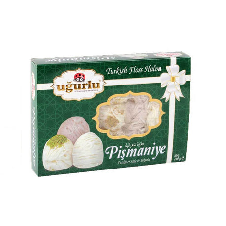 Uğurlu Pişmaniye (Turkish Floss Halva) 240 g box with pistachio, plain and cocoa - front of pack