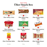 What's inside the Ülker Snack Box: 1 Ülker Halley, 8 Pack 240 g, 2 Ülker Albeni Ring, 8 Pack 344 g, 3 Ülker Rulokat Wafer Rolls 204 g, 4 Ülker Çokokrem Hazelnut Cocoa Cream 400 g, 5 Ülker Deluxe Hazelnut Wafer, 6 Ülker İkram Hazelnut Biscuit 252 g, 7 Ülker Chocolate Wafer 4 count, 8 Ülker Milk Chocolate 65 g, 9 Ülker Dankek Mosaic Cake 200 g