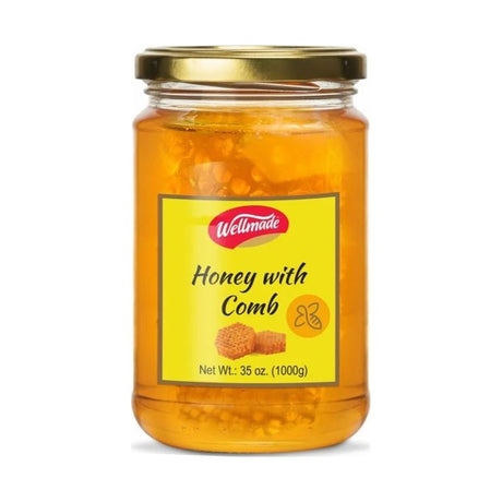 Wellmade Blossom Honey with Honeycomb in Glass 1 kg - front of pack