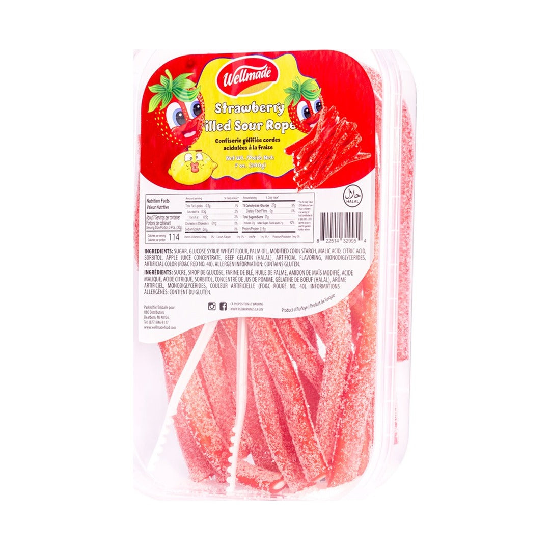 Wellmade Sour Gummy Strawberry Ropes Flat 200 g - front of pack