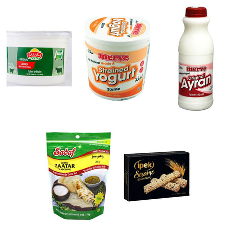 Yogurt & Labneh Box: Labneh, Süzme Yogurt, Ayran and Za'atar: Baraka Original Labneh 454 g, Merve Suzme Yogurt 907 g, Merve Yogurt Drink Regular 473 ml, Sadaf Green Zaatar Mix 170 g, Ipek Premium Sesame Breadsticks 250 g