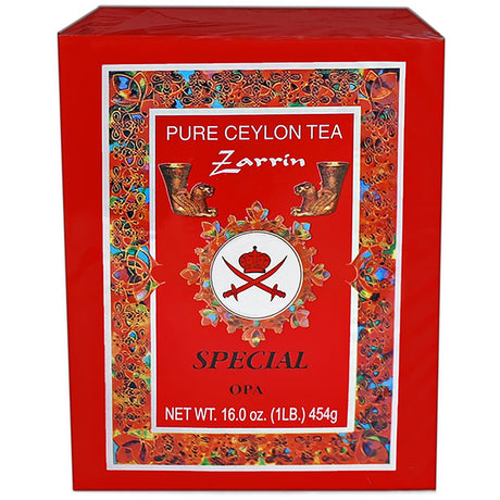 Zarrin Pure Ceylon Tea Special OPA, 16 oz (454 g) red box, front view