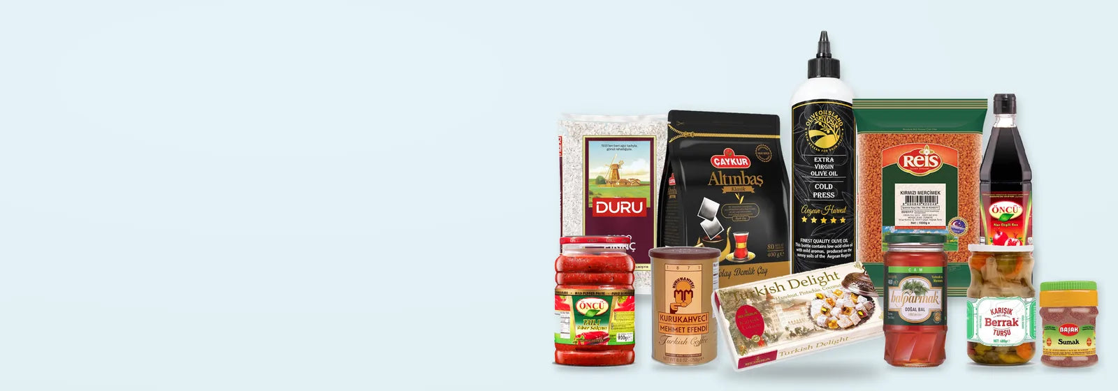 Olive Oils Land Extra Virgin Olive Oil 750 mL with Turkish pantry staples: Çaykur tea, Öncü pepper paste, Mehmet Efendi coffee, Koska Turkish delight, Reis lentils, Duru rice, Öncü pomegranate sauce, Balparmak honey, Berrak pickles and Başak sumac